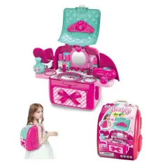 Pink set transportabil 2in1 masuță de înfrumusețare în rucsac set de joacă imaginea 2