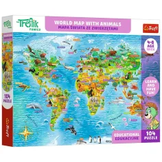 Puzzle educativ cu harta lumii cu animale 104 piese - Trefl