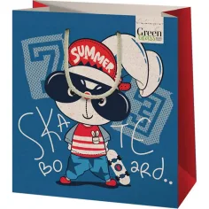 Sac de cadou mediu cu model de iepure skateboard verde iarba 18x10x23cm