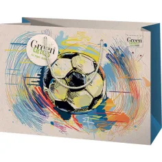 Sac de cadou premium mare cu model de minge de fotbal iarba verde 26x13x33cm