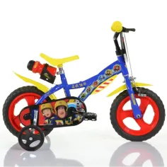 Sam, bicicleta pentru copii de pompier de 12” cu suport pentru sticlă și roți laterale de culoare albastru-galben – bicicleta Dino Bikes
