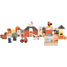 Set de cuburi de construcție cu fermă din lemn cu figurine de animale 50 buc.