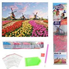 Puzzle cu diamante: Set de pictură cu diamante pe câmpul de lalele olandeze 30x40cm imaginea 2