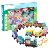 Set trenuleț animale lemn colorat cu panglică