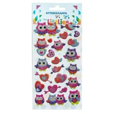 The Littlies: Set de autocolante 3D pufo cu bufnițe strălucitoare pe foaie de 10x22cm