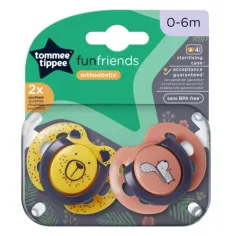 Tommee Tippee: FunFriends set de suzete ortodontice de 2 bucăți, disponibile în mai multe variante (0–6 luni)