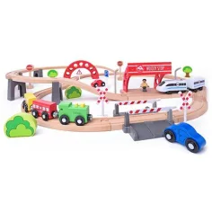Tren de lemn cu șine și locomotivă cu baterii set de 60 de piese - Woodyland
