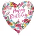 Balon din folie pentru ziua de naștere - cu inscripția „Happy Birthday”, în formă de inimă, cu model floral, 46 cm
