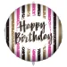 Balon folie pentru ziua de naștere – cu inscripția „Happy Birthday”, design cu dungi aurii-negre-roz, 46cm