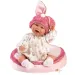 Llorens: Mimi, păpușă zâmbitoare de 42 cm cu urechi de iepuraș și căciulă roz, cu pernă