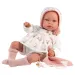 Llorens: Păpușă nou-născută Tala Llorana de 44 cm cu sunete, îmbrăcată în haine cu glugă.