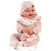 Llorens: Păpușă nou-născută Tala Sonrisas de 44 cm cu sunete, în salopetă roz.