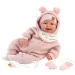 Llorens: Păpușă nou-născută Tala Sonrisas de 44 cm cu sunete, în salopetă roz.