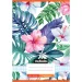 Nebulo: Caiet cu pătrate, format A/5, 27-32 file, cu copertă imprimată cu model de flori tropicale și carouri.