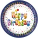Set de 8 farfurii de hârtie colorate cu inscripția "Happy Birthday", 20 cm.