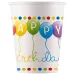 Set de 8 pahare de hârtie de 200 ml cu inscripția "Happy Birthday" și baloane colorate.