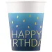 Set de 8 pahare de hârtie de culoare albastră cu inscripția "Happy Birthday", 200ml