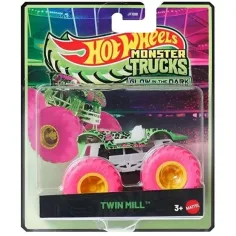 Hot Wheels Monster Trucks: Twin Mill – mașinuță verde neon care luminează în întuneric, 1/64 – Mattel
